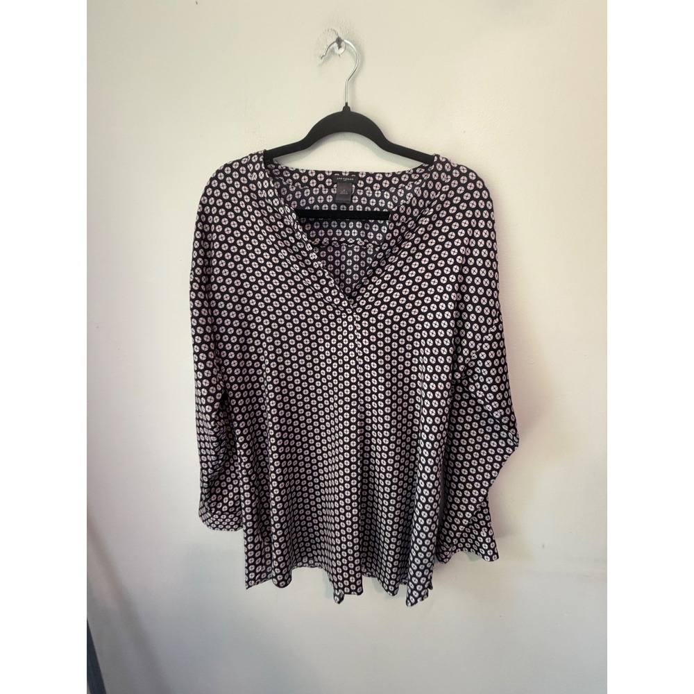 Ann Taylor Womens Black White Geometric Circle Print V-Neck Long Sleeve Blouse M